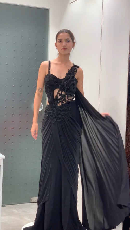 Black Drape Gown with Cut Work