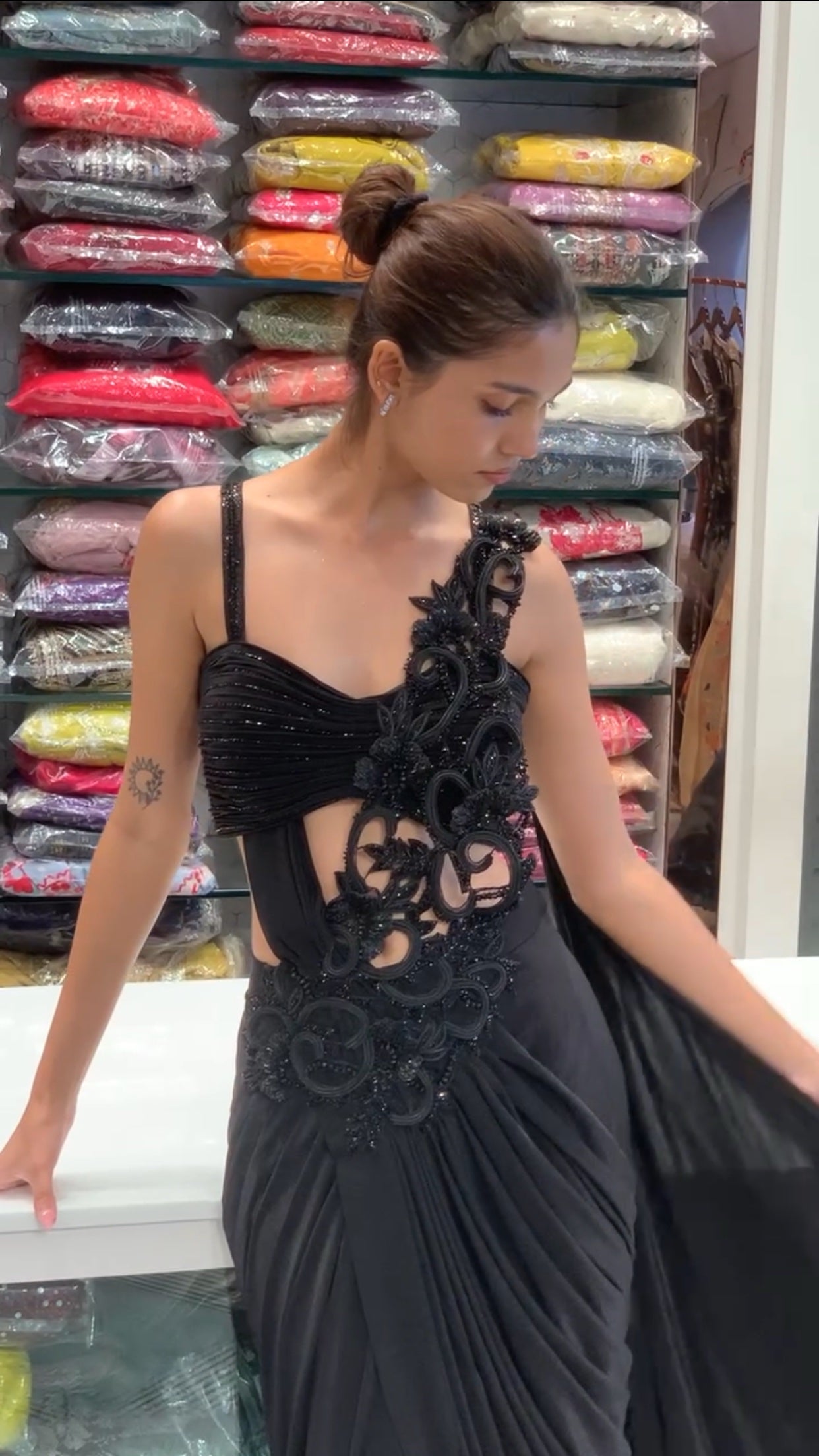 Black Drape Gown with Cut Work