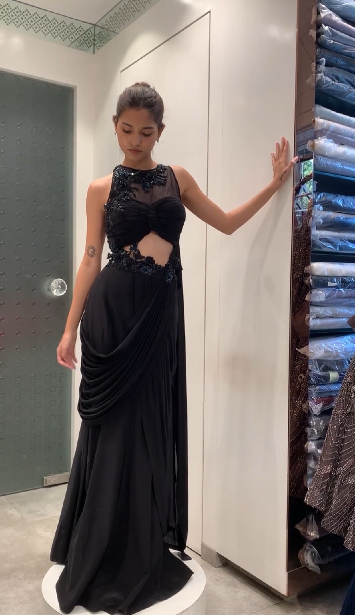 Black Satin Silk Halter Neck Applique Work Gown with Attached Drape