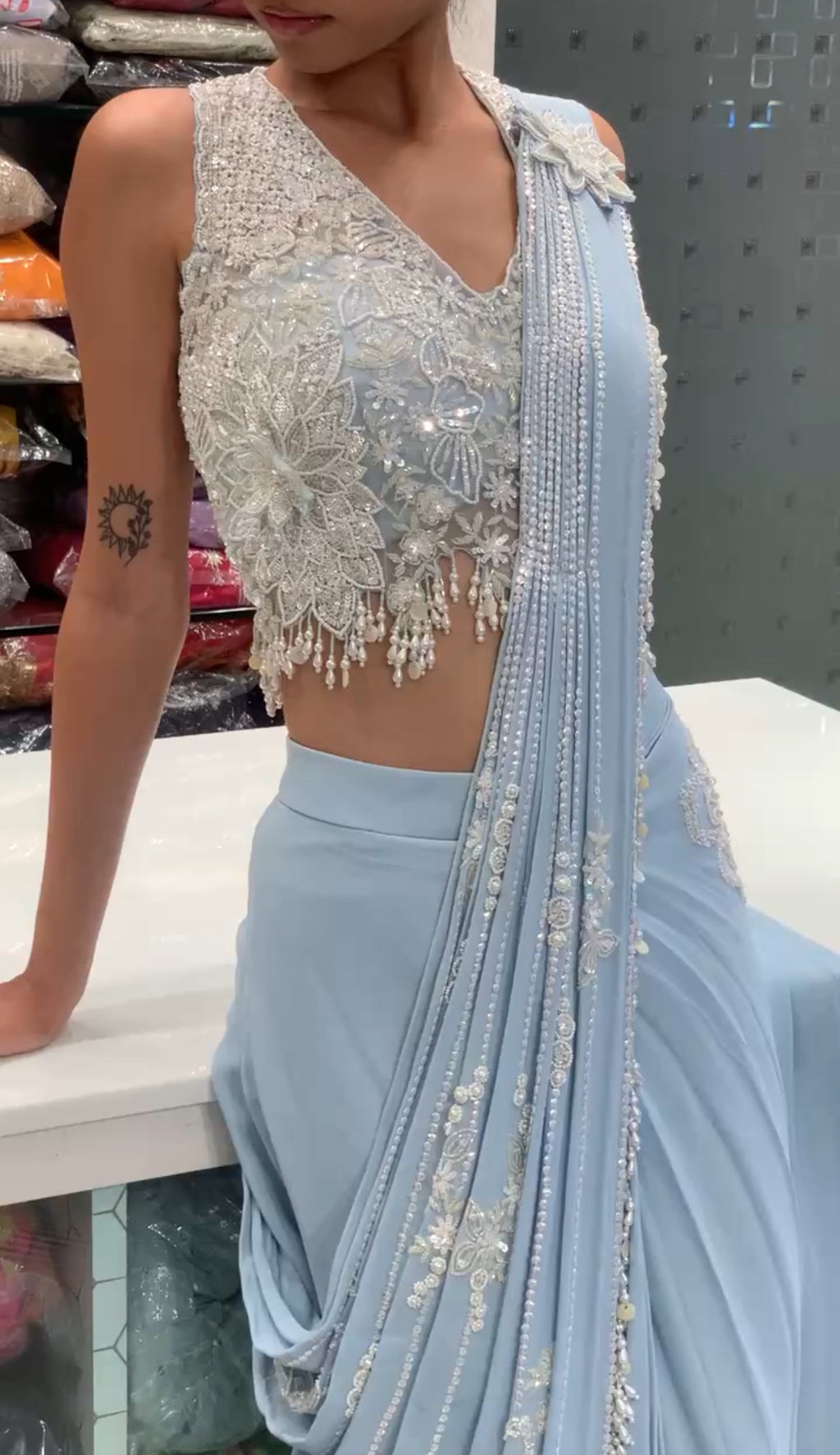Ice Blue Crop & Drape Saree