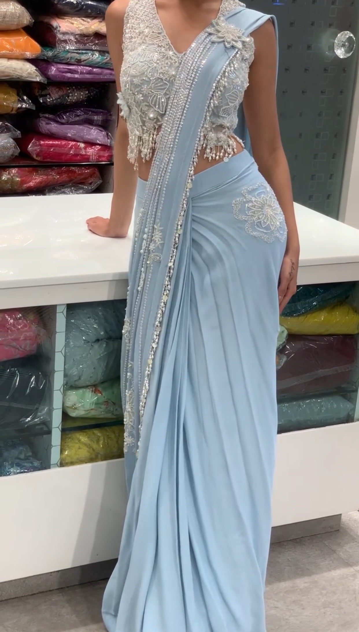 Ice Blue Crop & Drape Saree