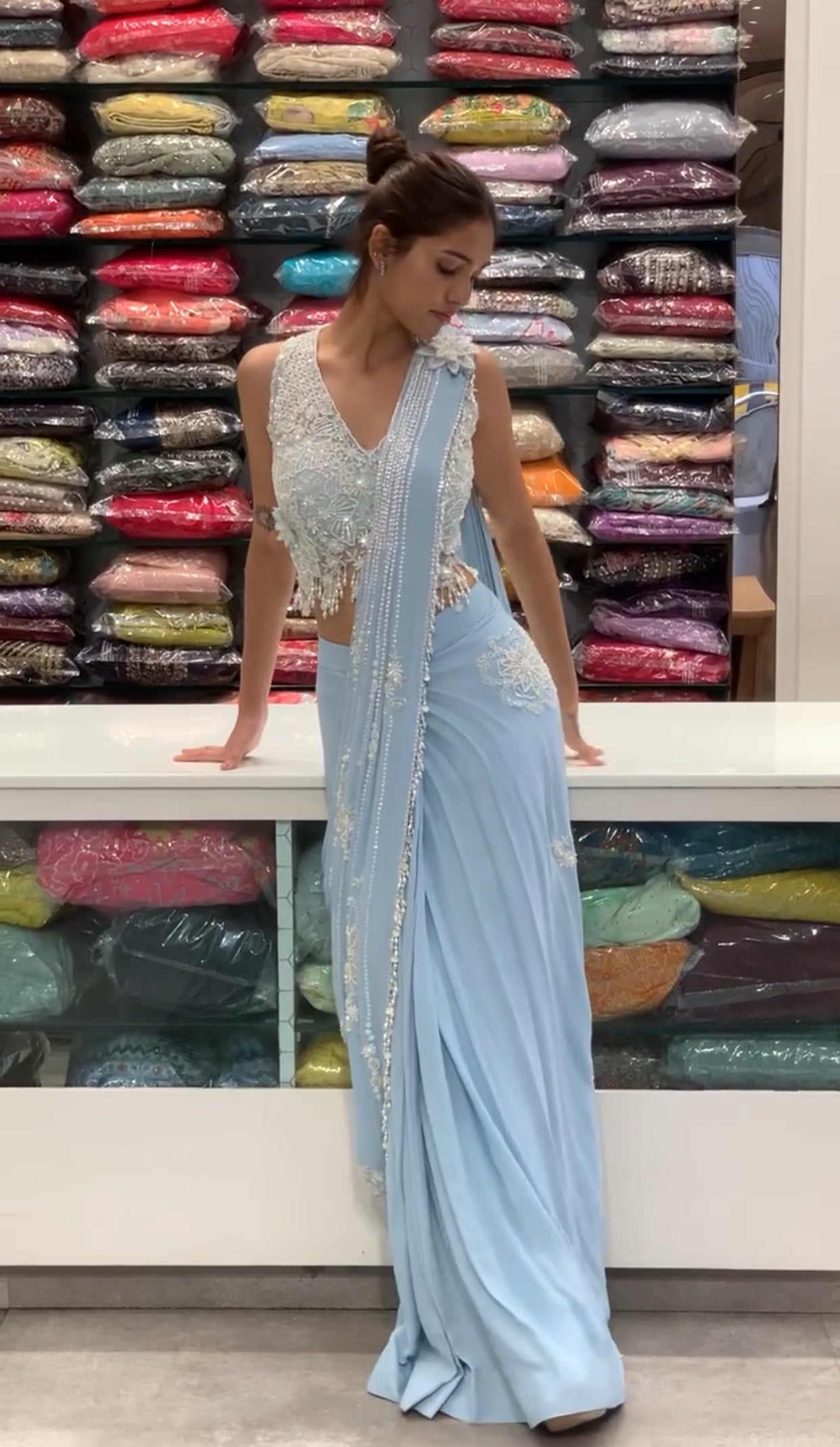 Ice Blue Crop & Drape Saree