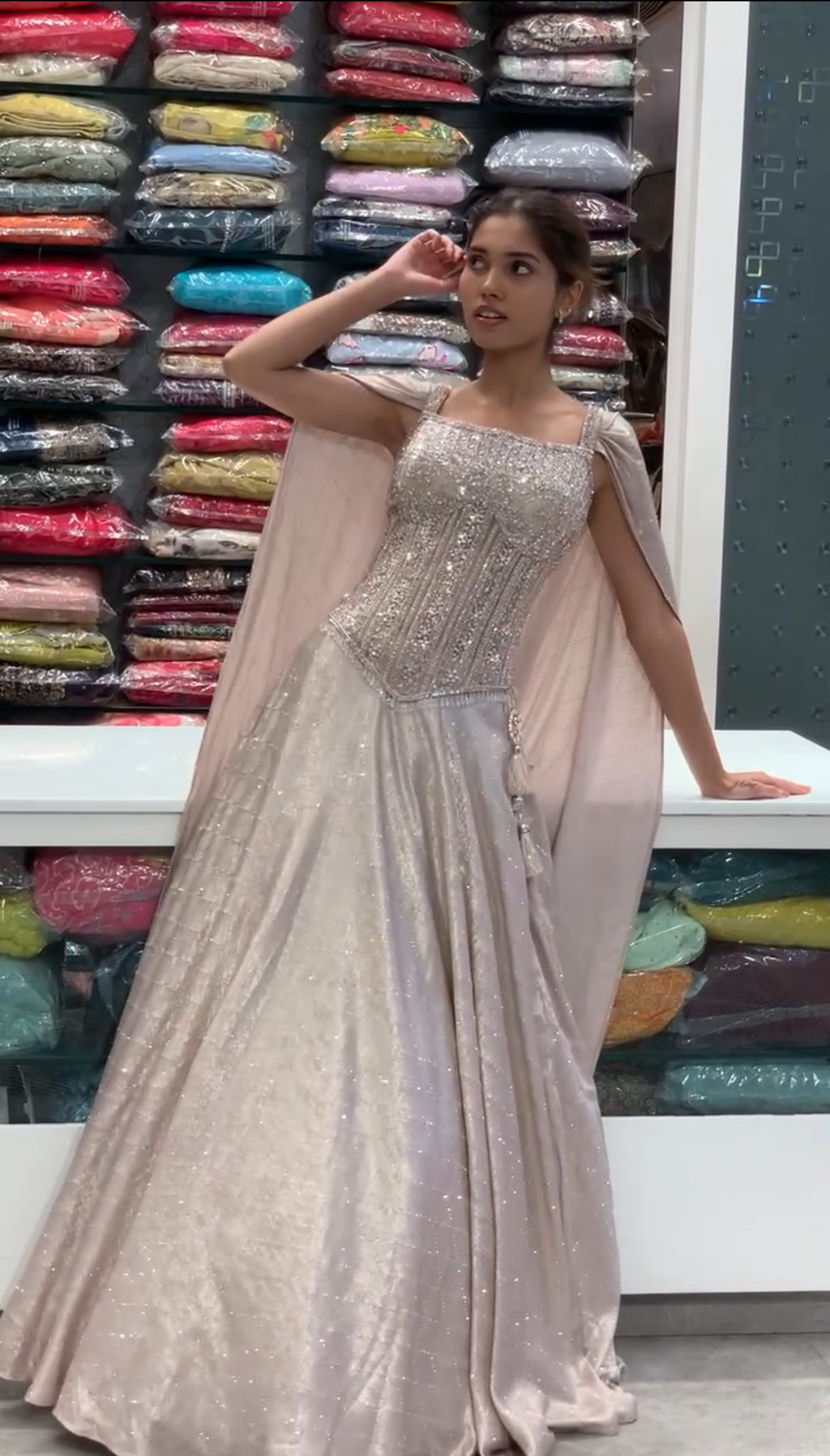 Rose Gold Imported Satin Corset Top & Hip Cut Lehenga