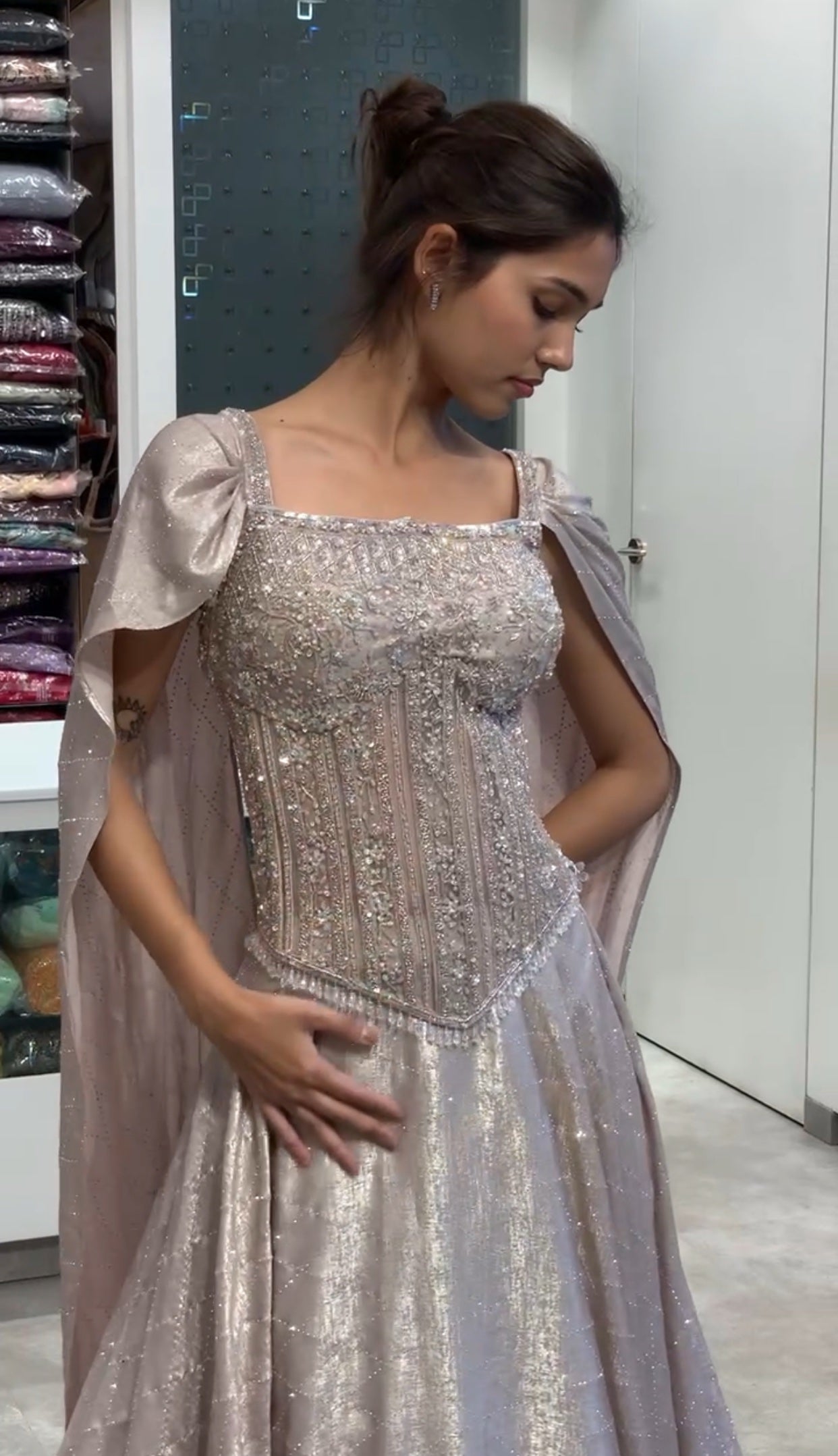 Rose Gold Imported Satin Corset Top & Hip Cut Lehenga