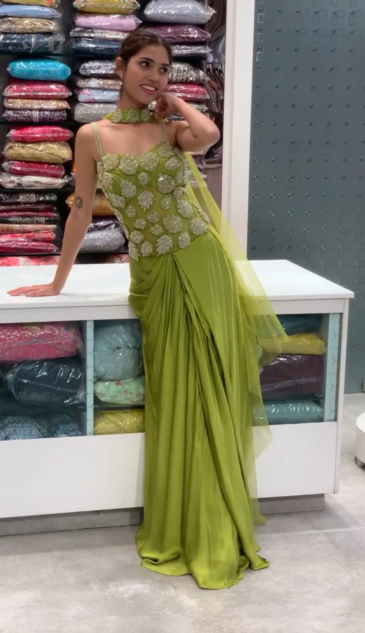 Green Corset Applique Work Net Top & Satin Drape Skirt Indo Western Set