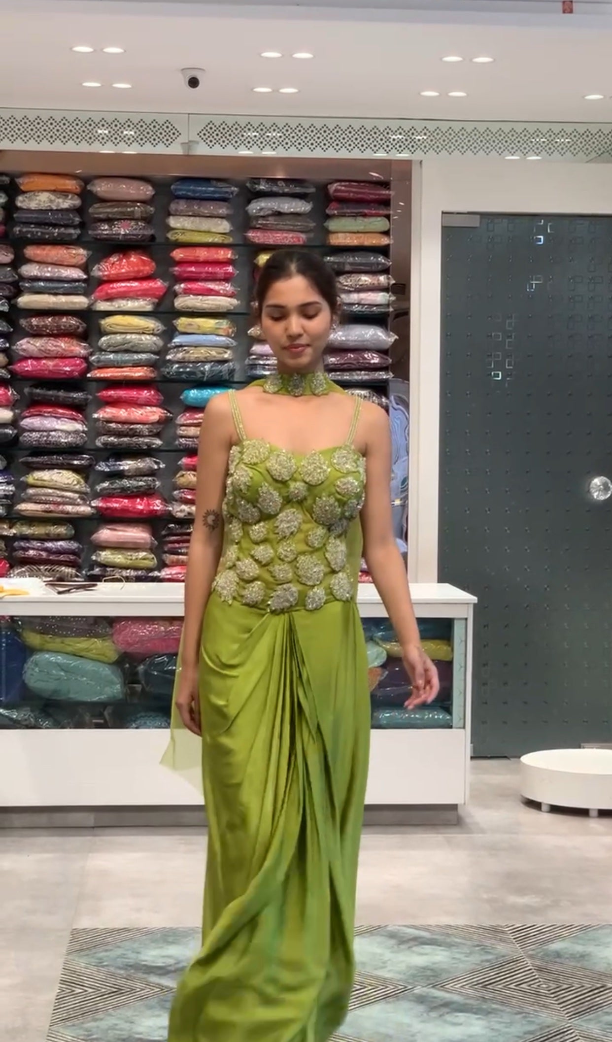 Green Corset Applique Work Net Top & Satin Drape Skirt Indo Western Set