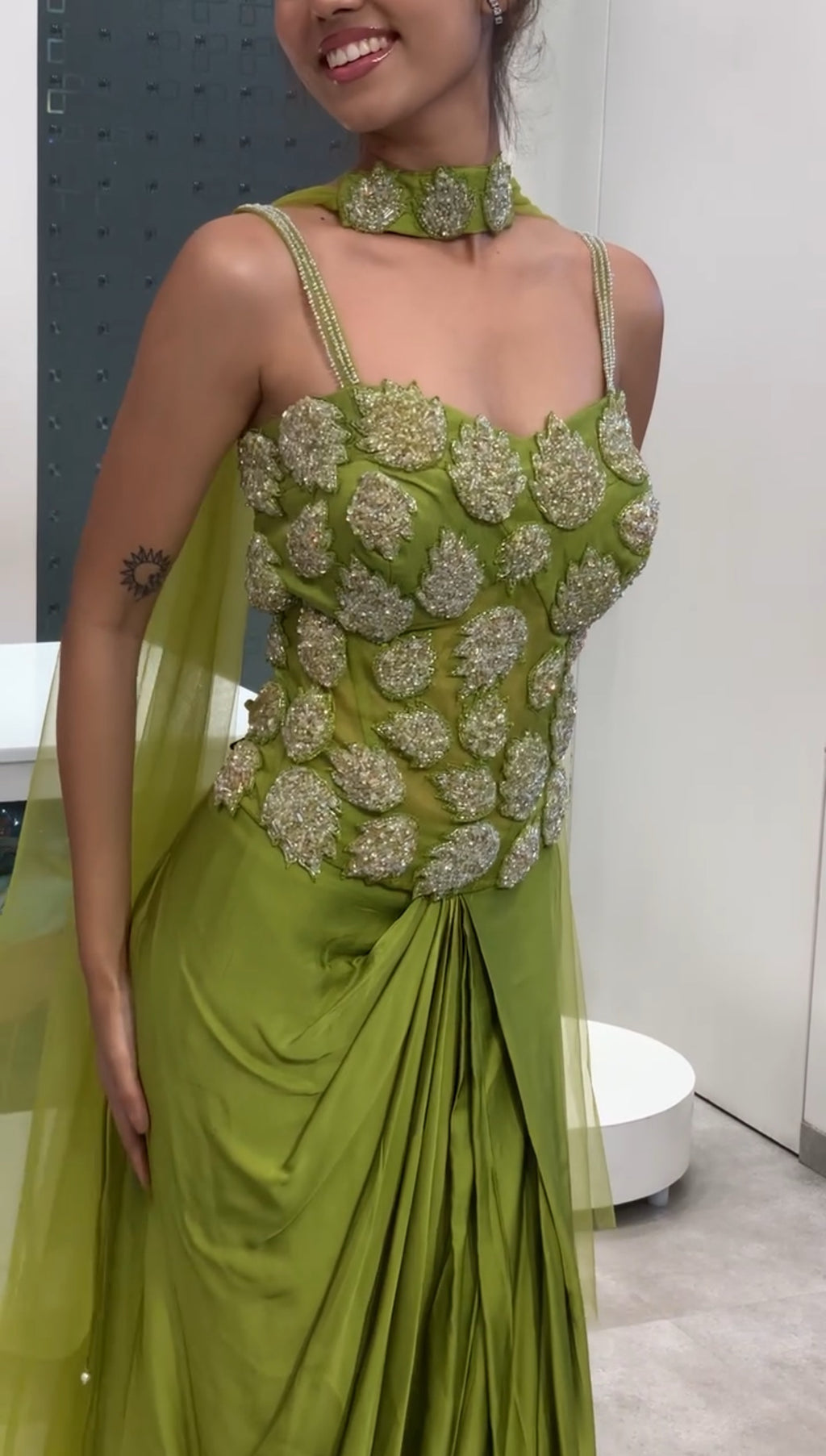 Green Corset Applique Work Net Top & Satin Drape Skirt Indo Western Set