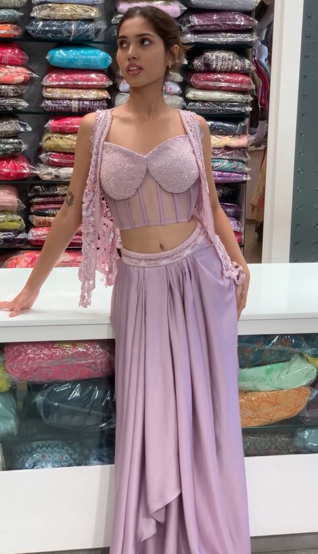 Lavender Net Applique Work Corset Top, Jacket & Drape Skirt Indo Western Set