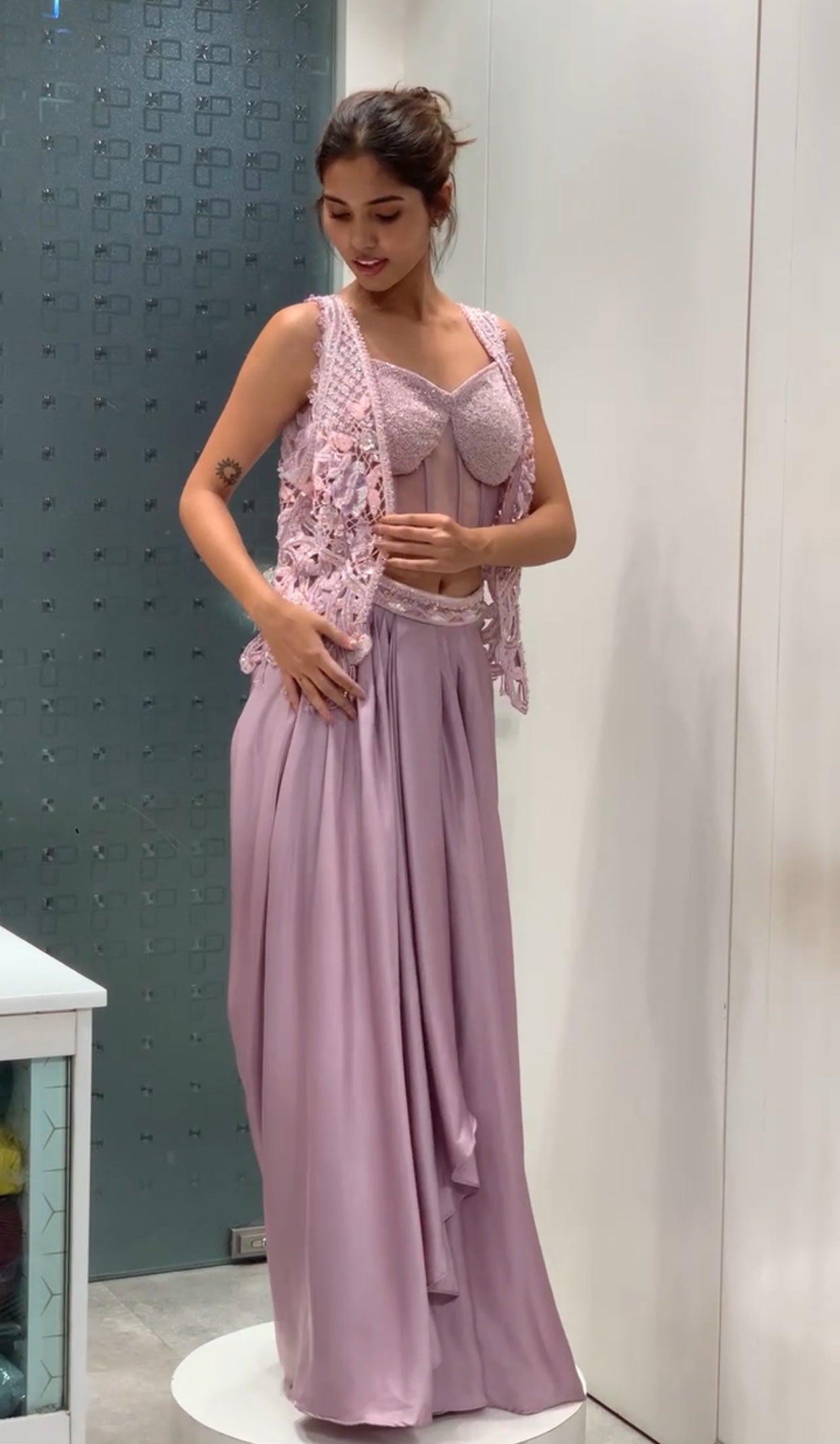Lavender Net Applique Work Corset Top, Jacket & Drape Skirt Indo Western Set