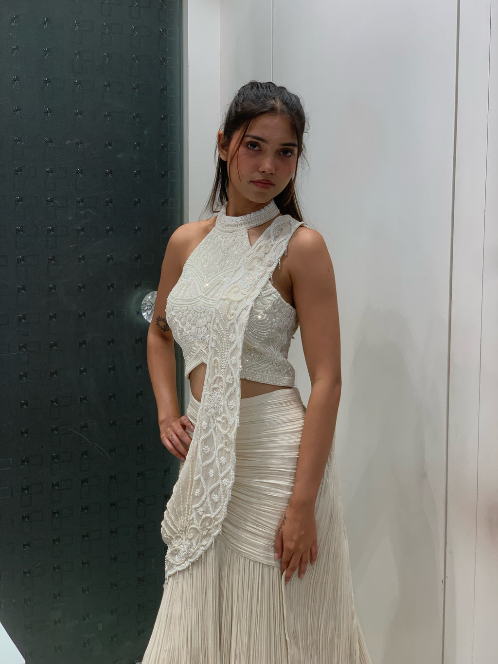 White Satin Halter Neck Top & Fish Cut Lehenga Drape