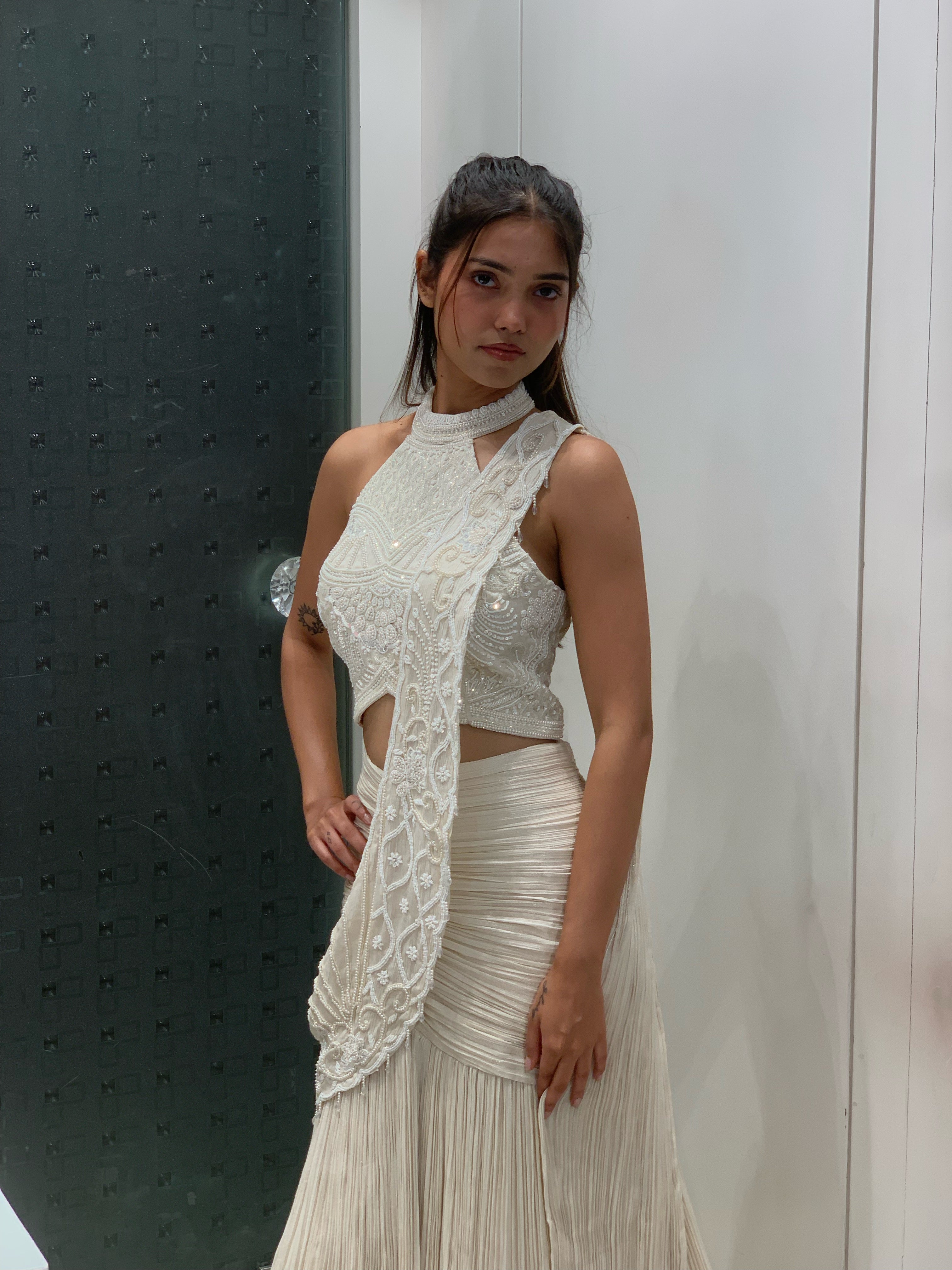 White Satin Halter Neck Top & Fish Cut Lehenga Drape