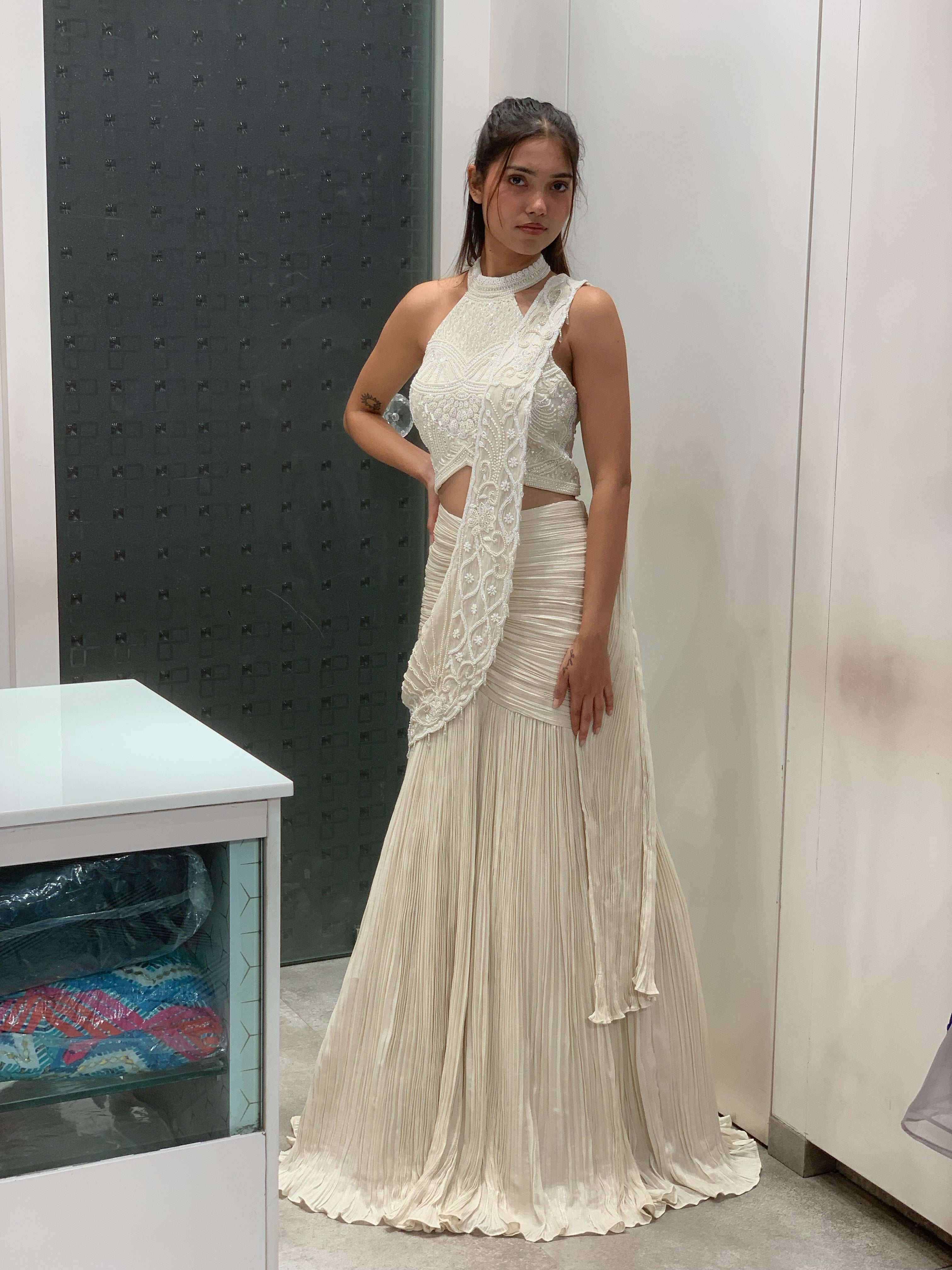 White Satin Halter Neck Top & Fish Cut Lehenga Drape