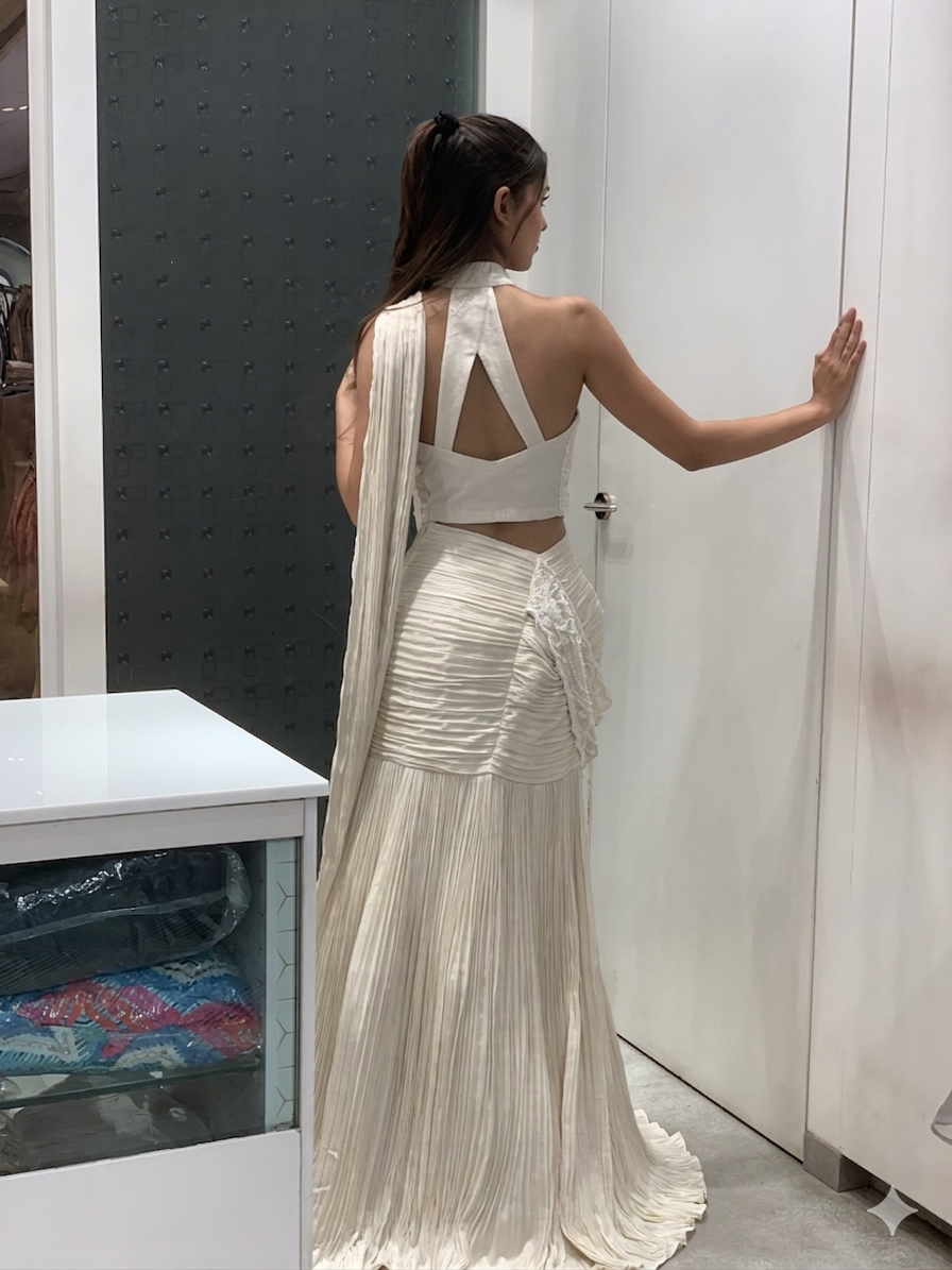 White Satin Halter Neck Top & Fish Cut Lehenga Drape