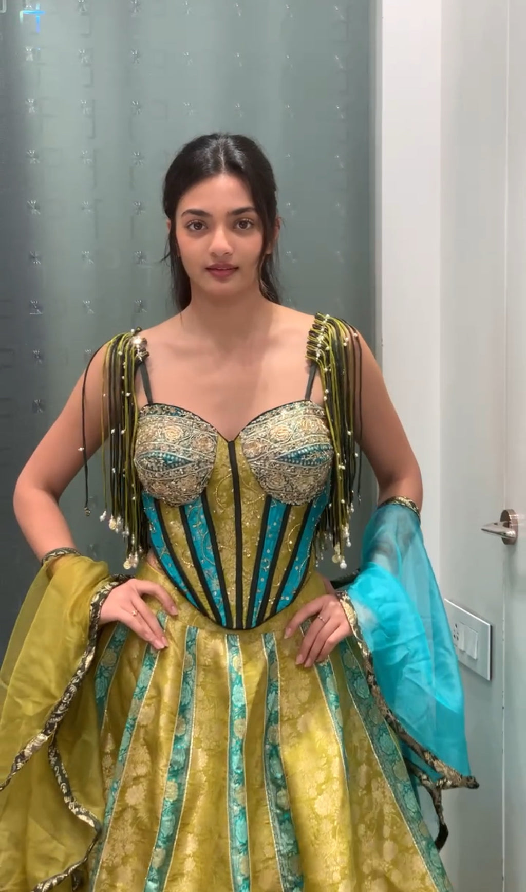 Yellow & Teal Corset Banaras Lehenga