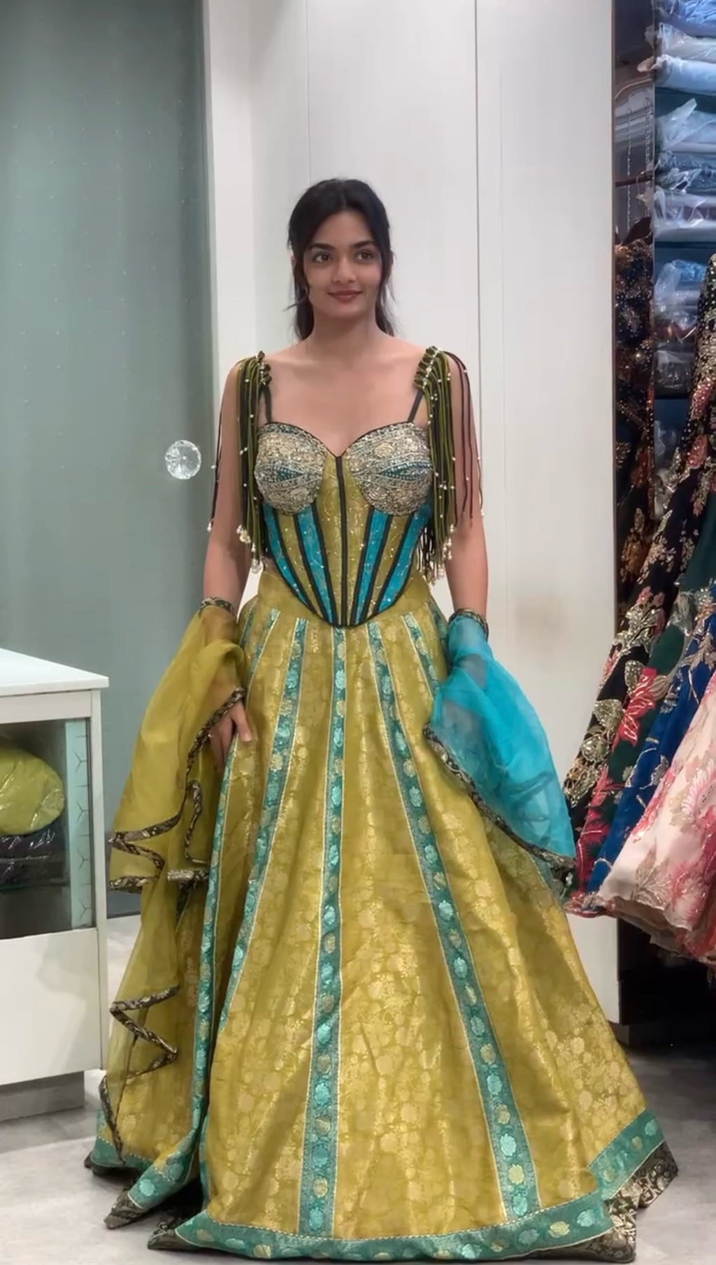Yellow & Teal Corset Banaras Lehenga