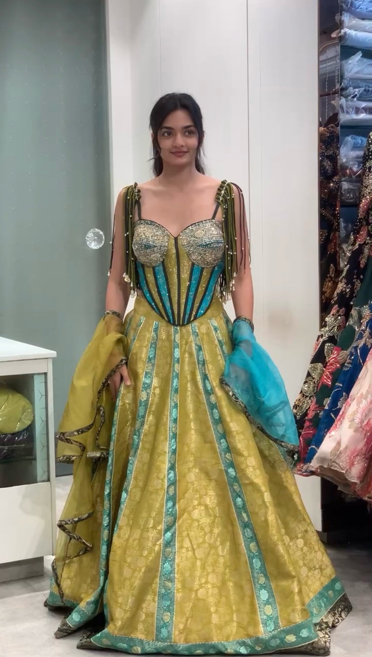 Yellow & Teal Corset Banaras Lehenga