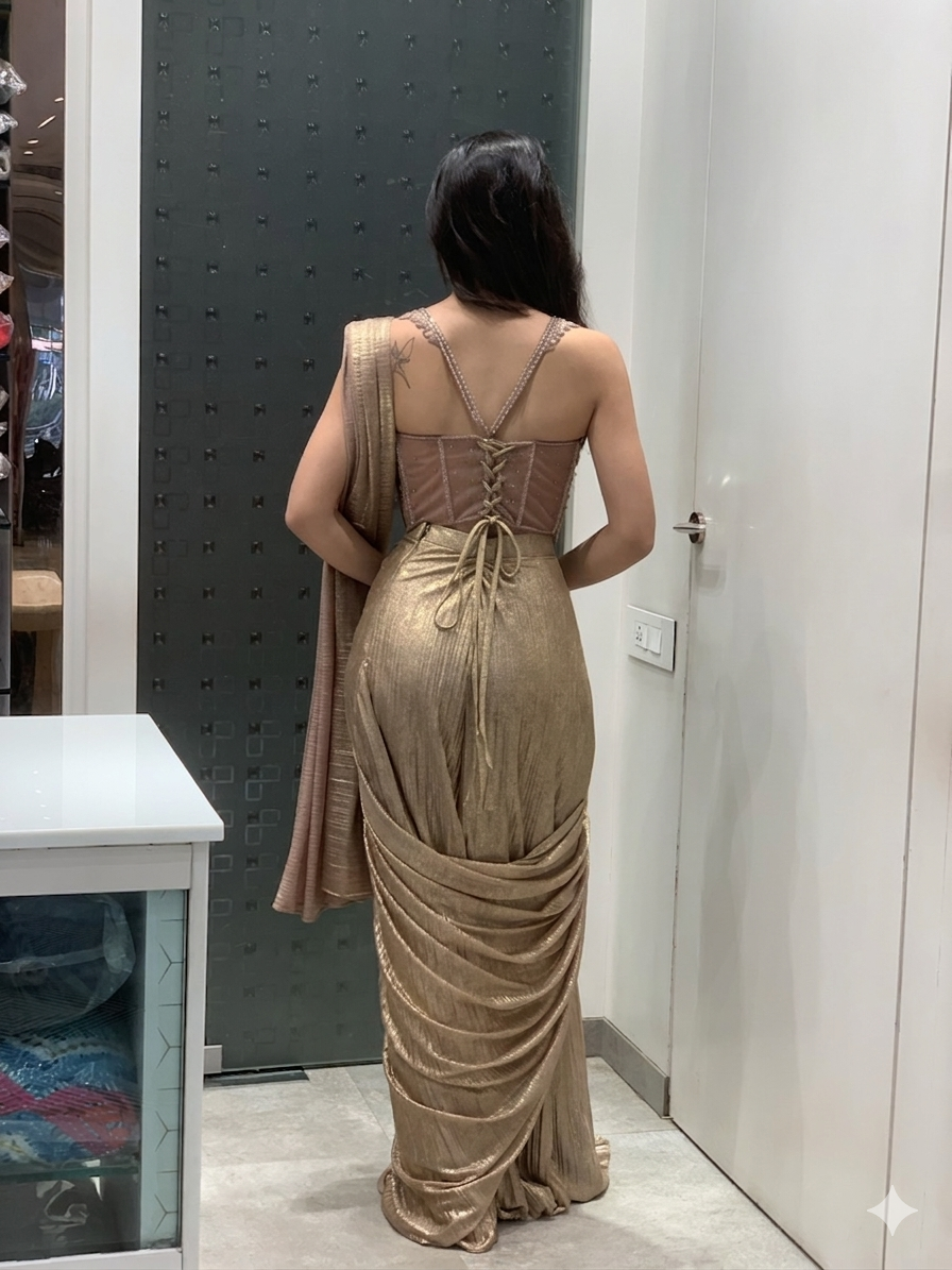 Golden Imported Net Corset Blouse & Drape Saree
