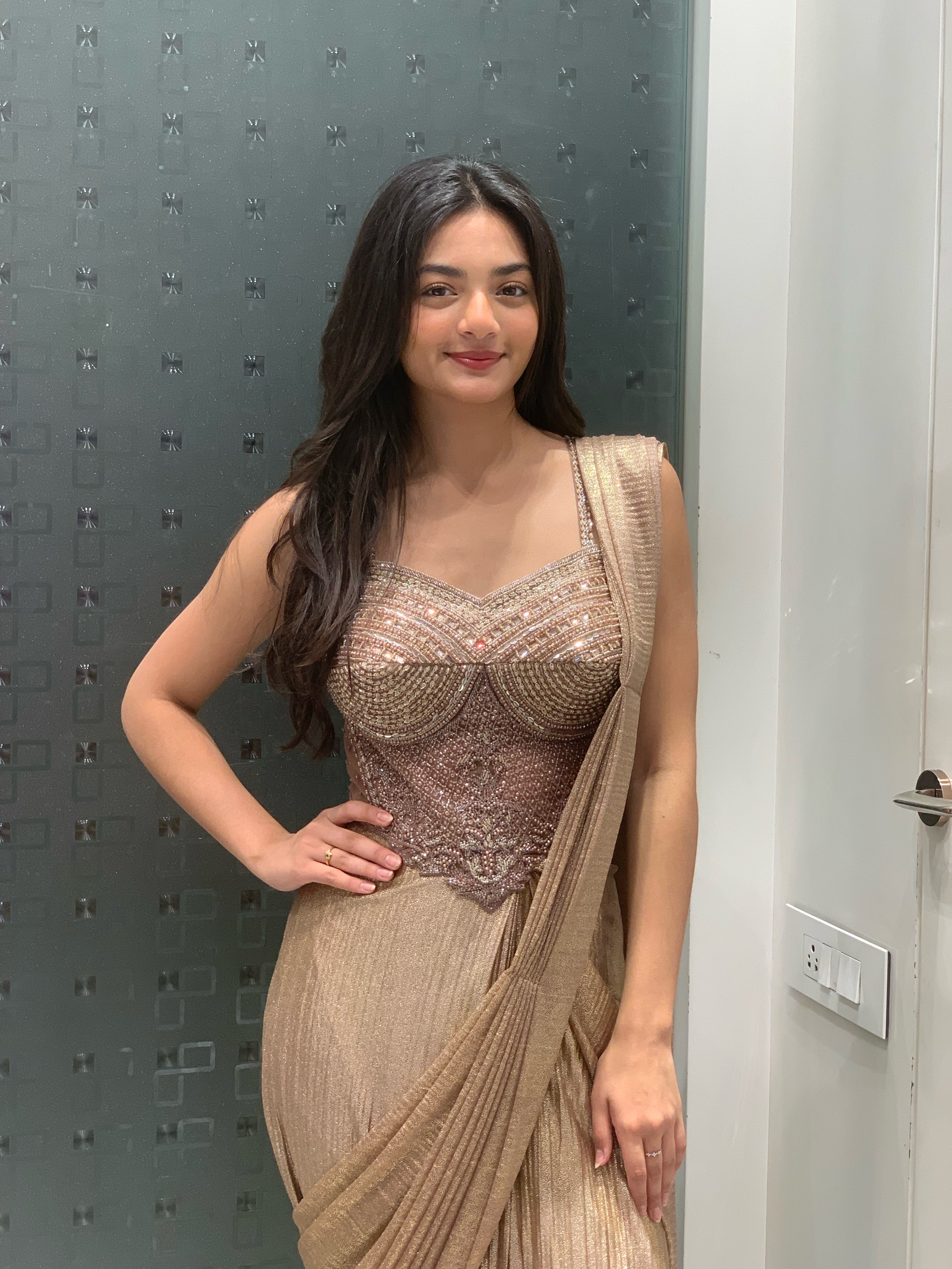 Golden Imported Net Corset Blouse & Drape Saree