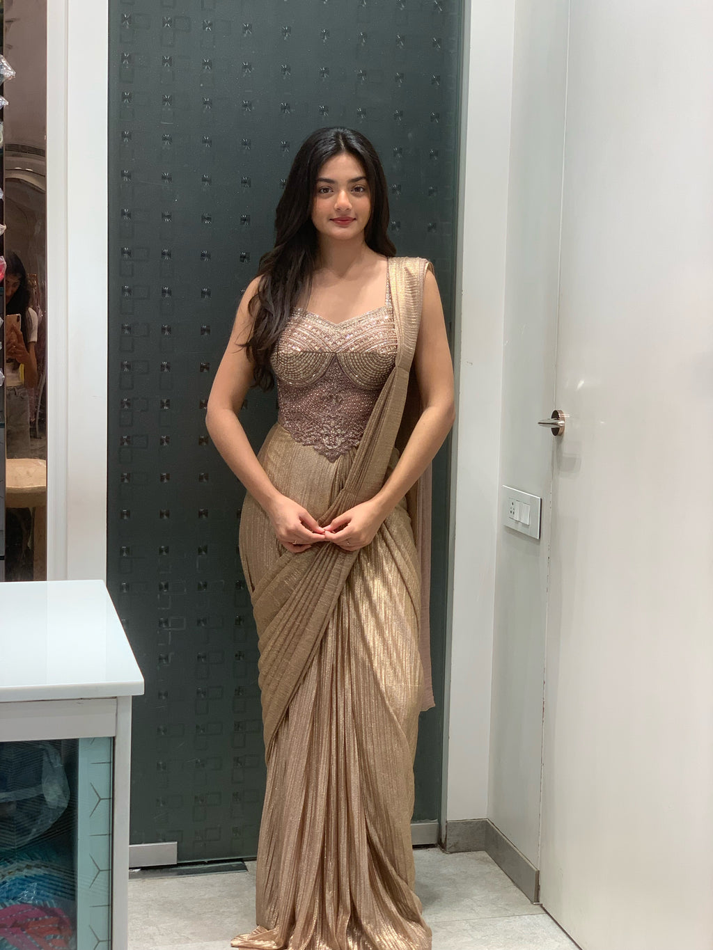 Golden Imported Net Corset Blouse & Drape Saree