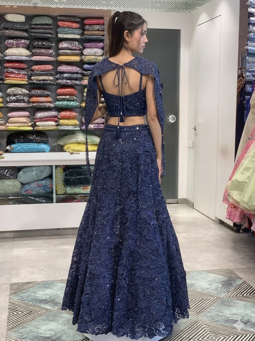 Night Blue Net Corset Blouse, Complete Cutwork Lehenga & Bead Embellished Halter Cape