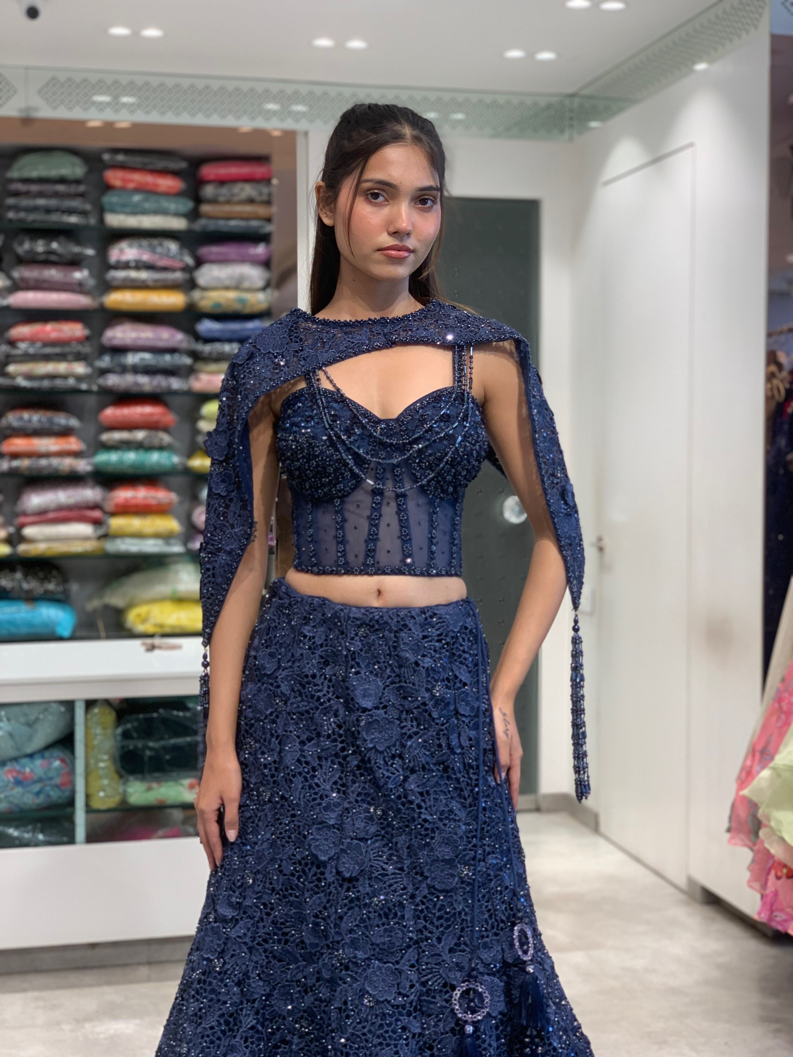 Night Blue Net Corset Blouse, Complete Cutwork Lehenga & Bead Embellished Halter Cape
