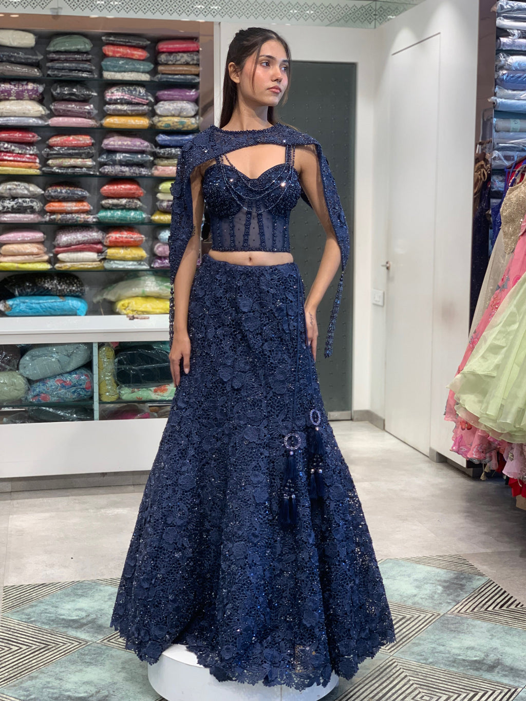 Night Blue Net Corset Blouse, Complete Cutwork Lehenga & Bead Embellished Halter Cape
