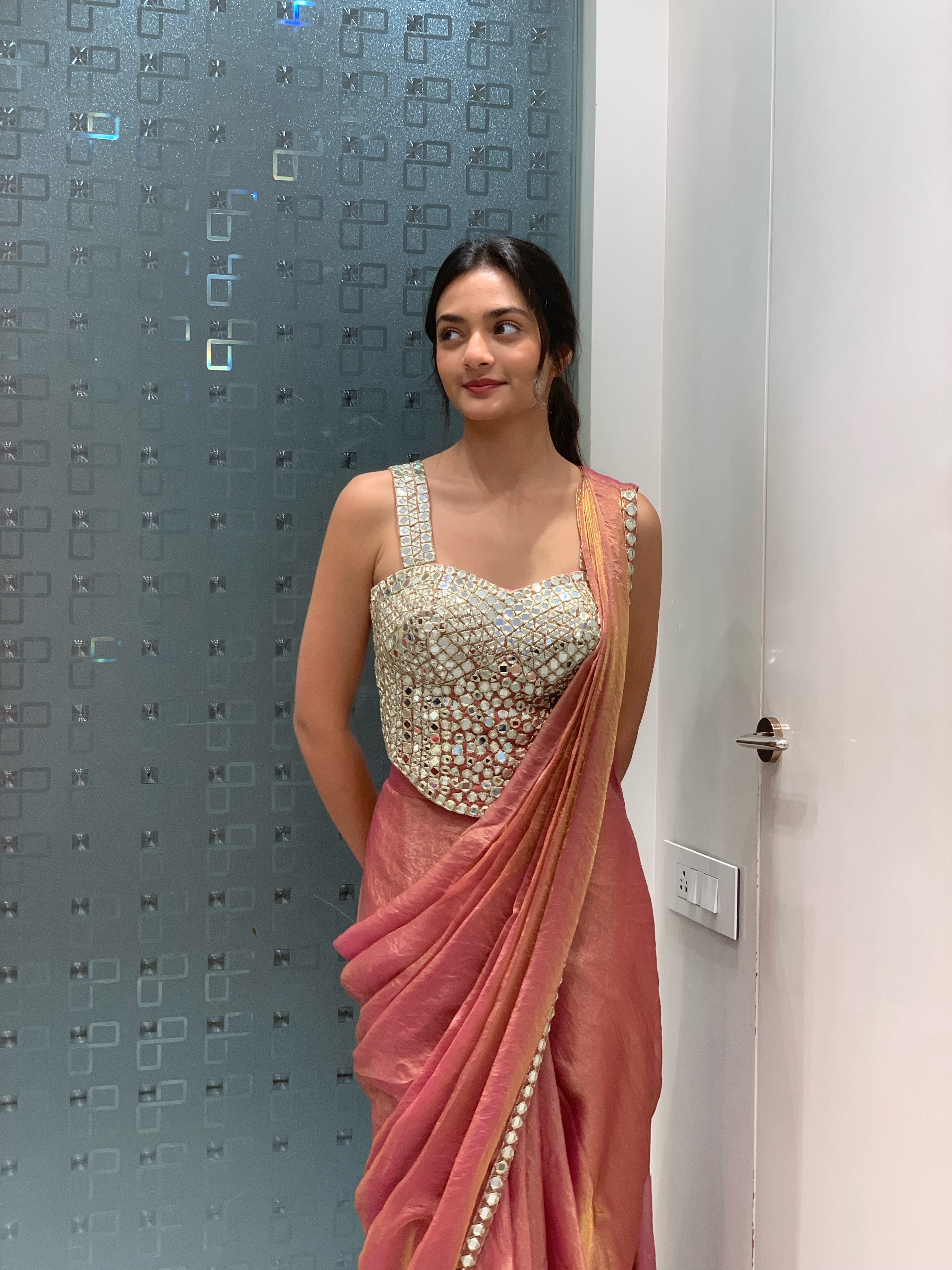 Rose Gold & Green Tissue Complete Mirror Work Corset Blouse & Drape Saree