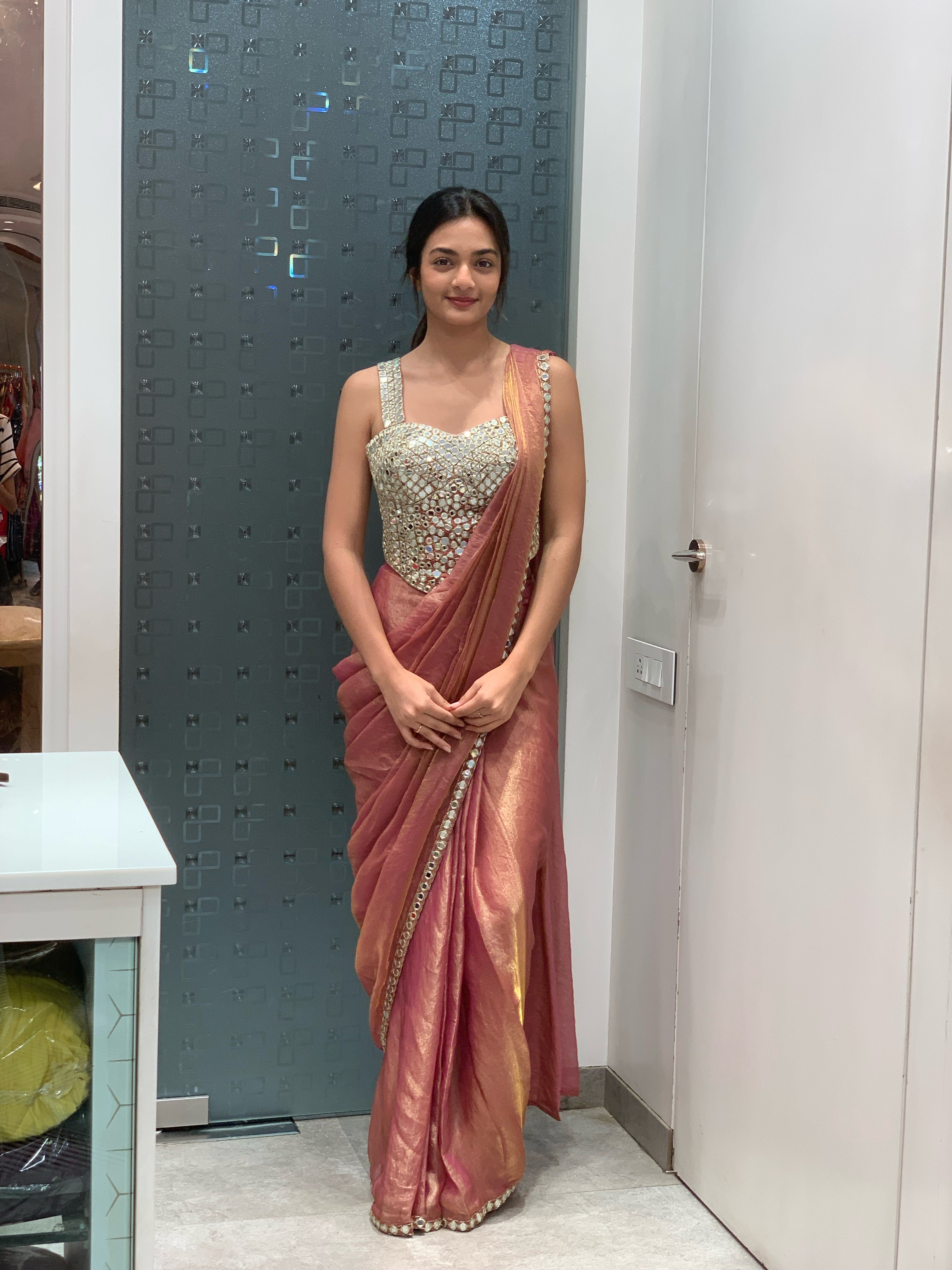 Rose Gold & Green Tissue Complete Mirror Work Corset Blouse & Drape Saree