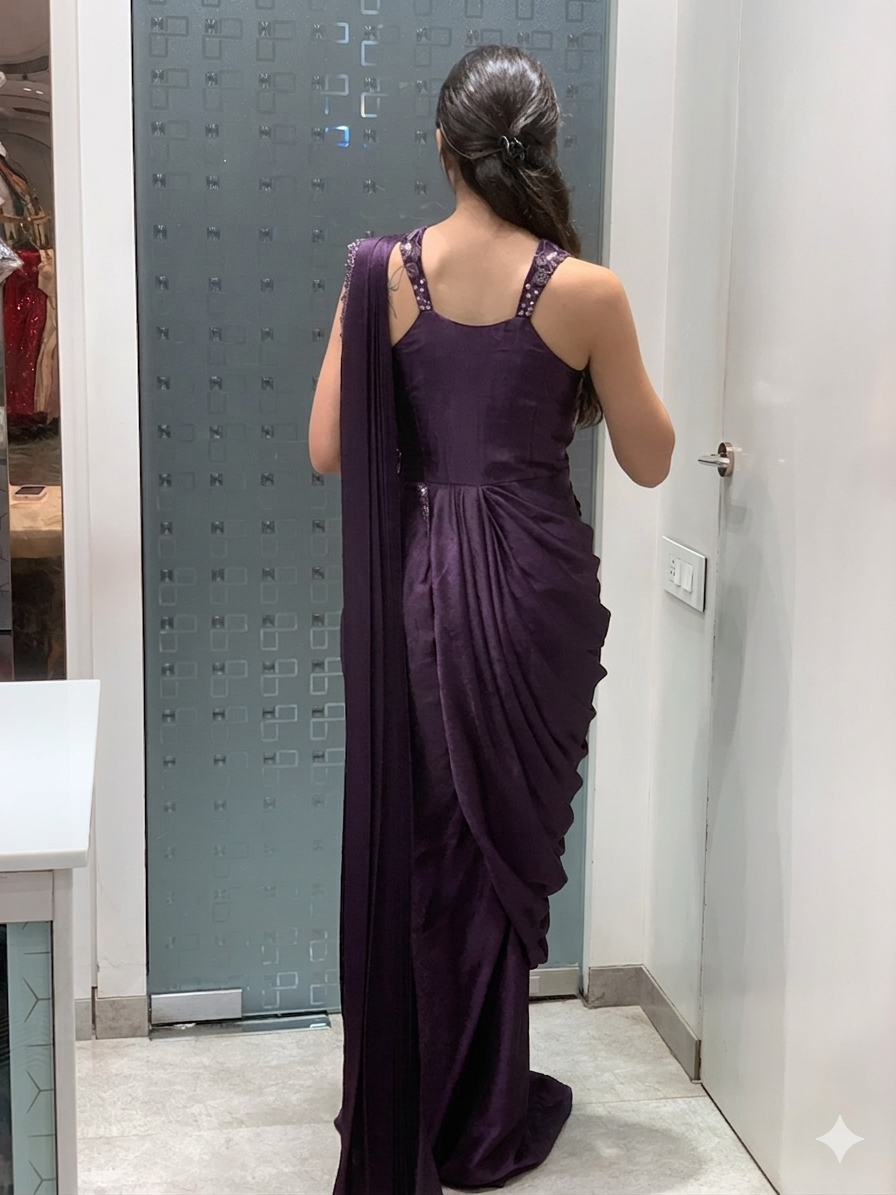 Purple Satin Silk Gown Drape Saree