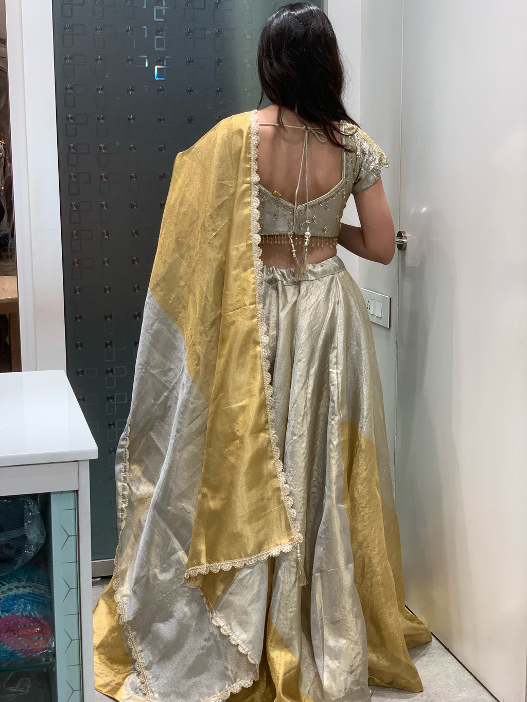 Golden & White Tissue Blouse Lehenga
