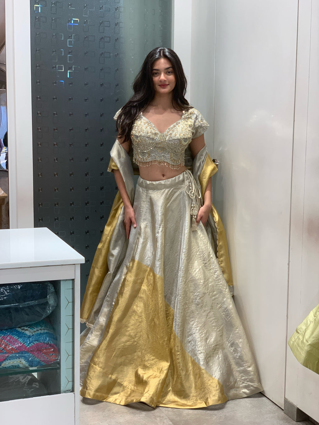 Golden & White Tissue Blouse Lehenga