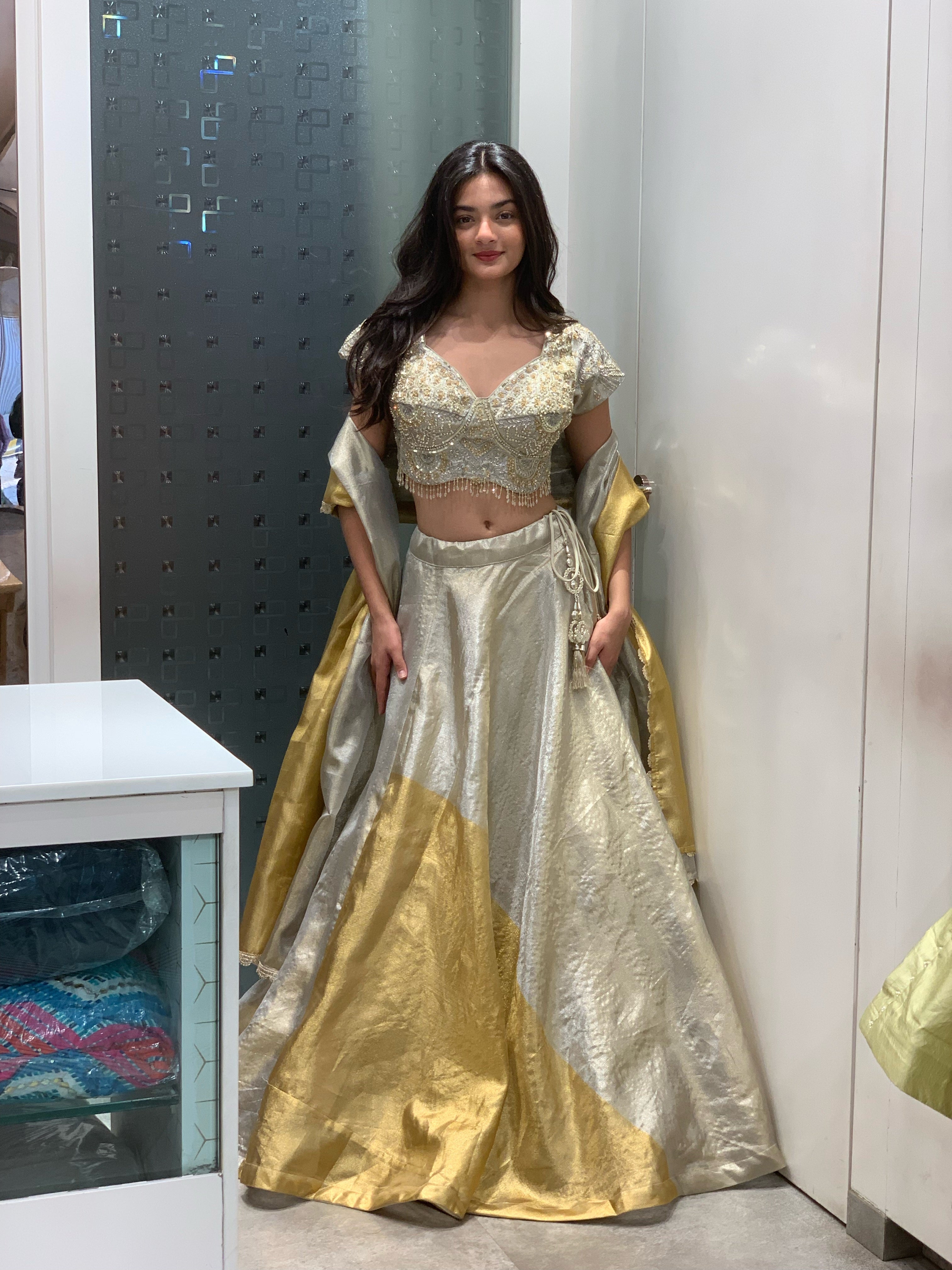 Golden & White Tissue Blouse Lehenga