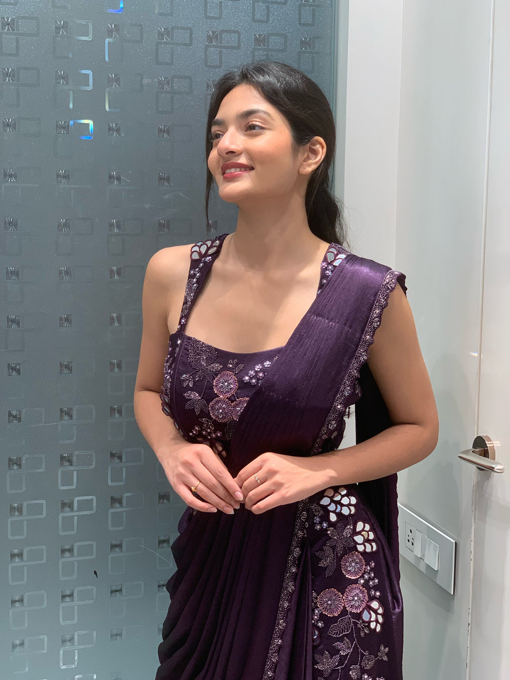 Purple Satin Silk Gown Drape Saree