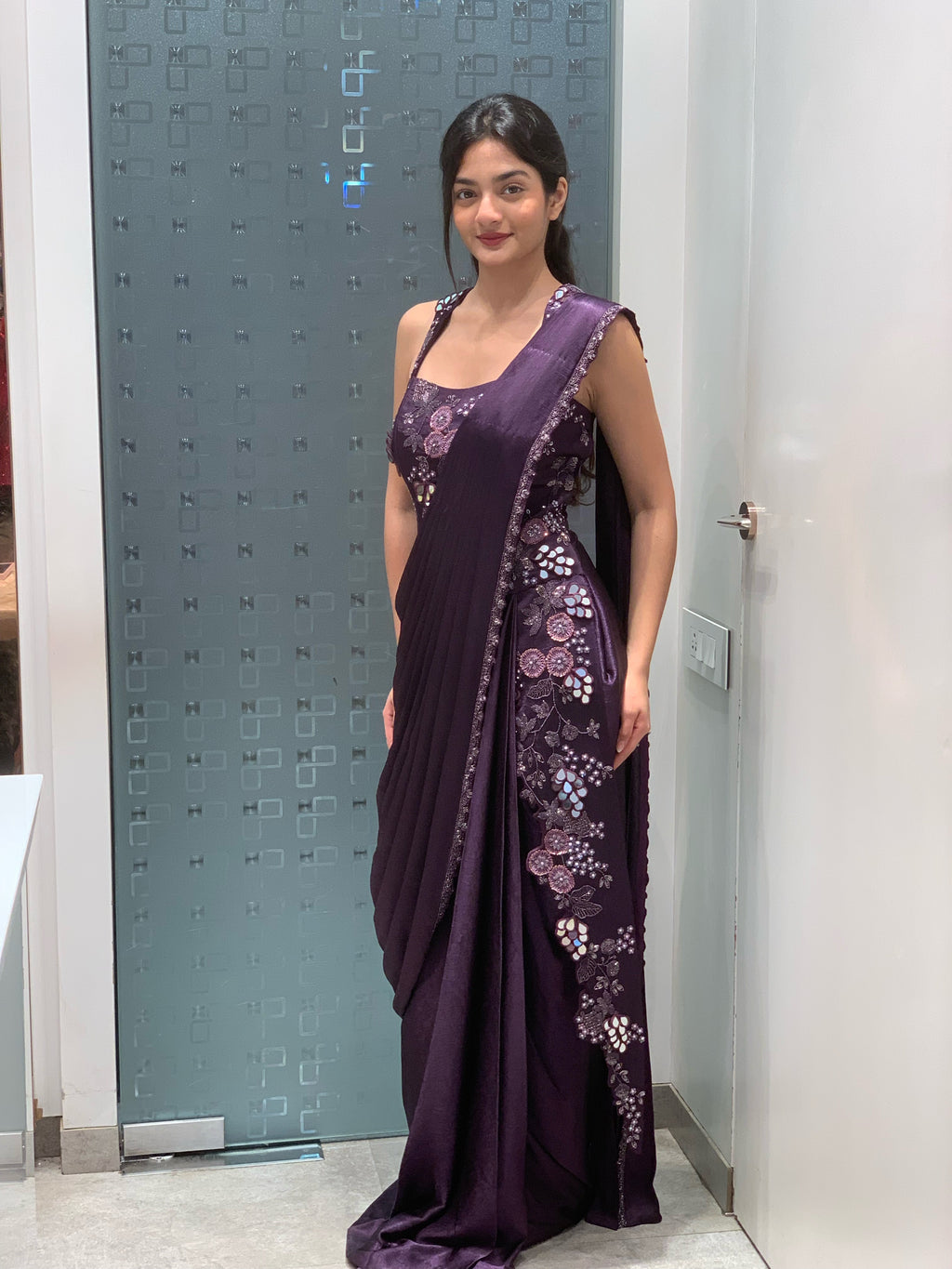 Purple Satin Silk Gown Drape Saree