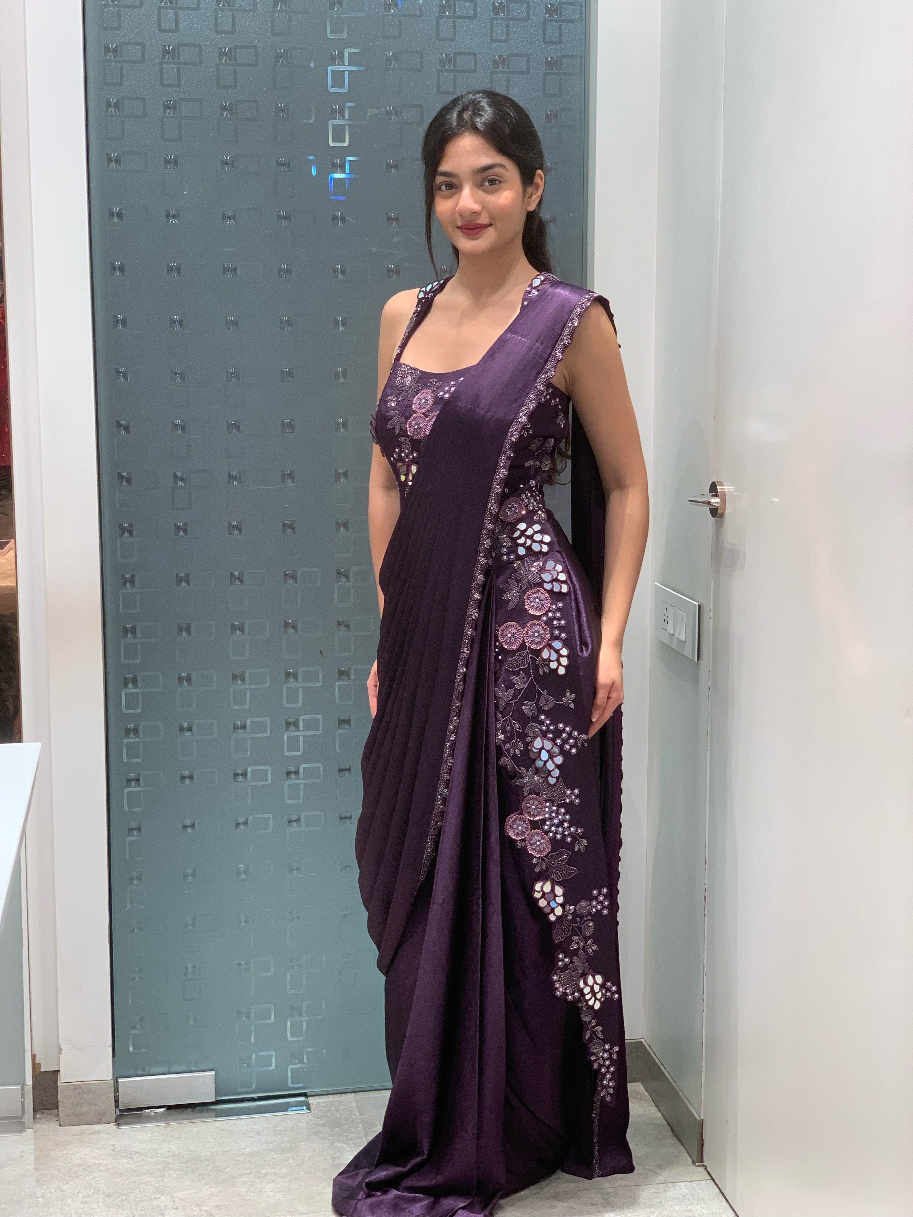 Purple Satin Silk Gown Drape Saree